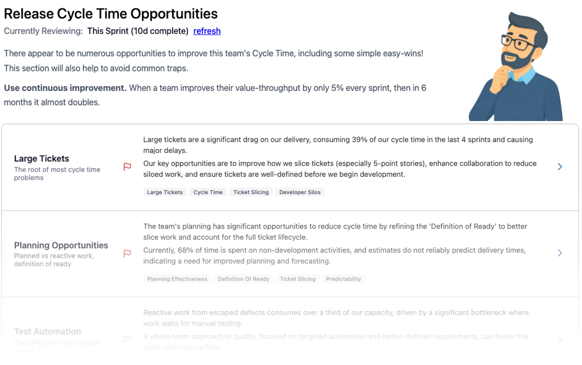 Release cycle time opportunities showing root cause analysis across large tickets, planning, and more
